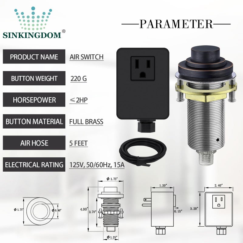 SINKINGDOM SinkTop Air Switch Kit (Long Full Brass Button) for Garbage Disposal, Cordless Oil Rubbed Bronze - Image 5